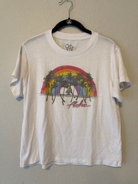 Chaser White Tee with Rainbow Palm Aloha Graphic